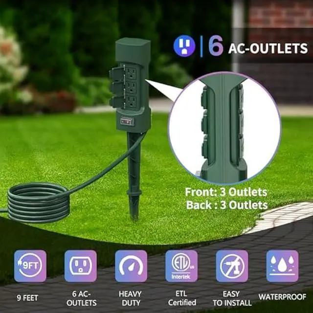 Alt view image 2 of 5 - K KASONIC Outdoor Power Stake, Kasonic 6-Outlet 9 ft Extension Cord Power Strip, Double Sided with Weatherproof Safety Flip Covers, ETL Certified Multi-Outlets (Outdoor)
