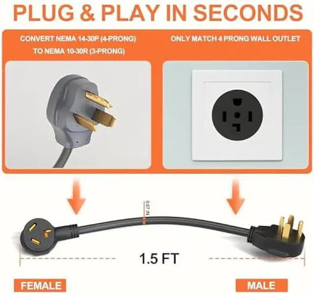 Alt view image 4 of 6 - 3 Prong to 4 Prong Dryer Adapter, 1.5FT Dryer Plug Adapter 3 to 4 Prong Outlet Cord Converter, NEMA 14-30P to 10-30R 10AWG Copper Wire 30A 250V Flexible DIY Dryer Connector for Home Laundry