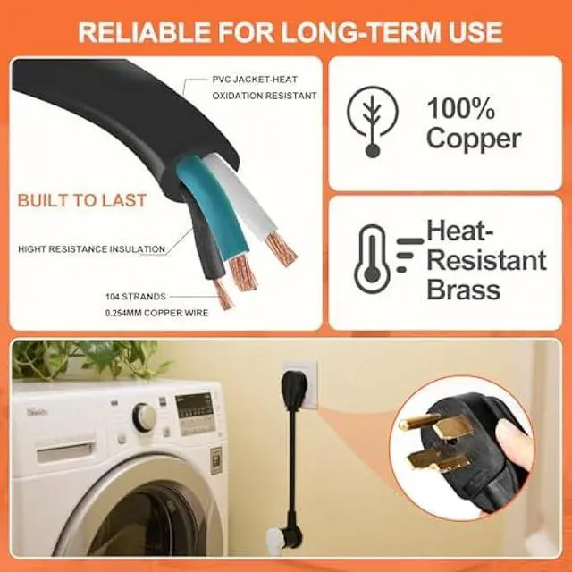 Alt view image 5 of 6 - 3 Prong to 4 Prong Dryer Adapter, 1.5FT Dryer Plug Adapter 3 to 4 Prong Outlet Cord Converter, NEMA 14-30P to 10-30R 10AWG Copper Wire 30A 250V Flexible DIY Dryer Connector for Home Laundry