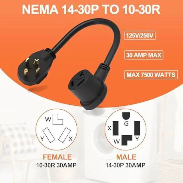 Alt view image 6 of 6 - 3 Prong to 4 Prong Dryer Adapter, 1.5FT Dryer Plug Adapter 3 to 4 Prong Outlet Cord Converter, NEMA 14-30P to 10-30R 10AWG Copper Wire 30A 250V Flexible DIY Dryer Connector for Home Laundry