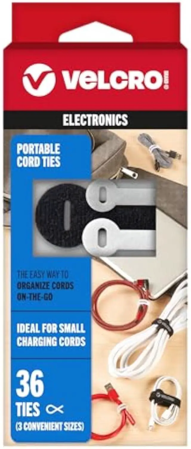 Main image of VELCRO Brand Portable Cord Organizer Ties | Organize Headphone Wires, Charging Cables, Power Cords in Backpacks Briefcases and Travel Bags | 3 Sizes and Colors, 36 pc Bulk Pack, 36pk Cord Ties