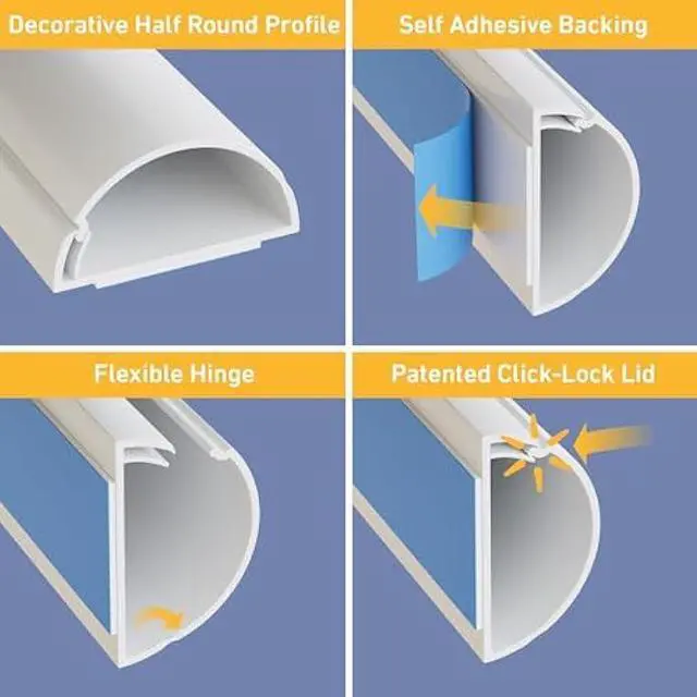 Alt view image 3 of 5 - D-Line 13.12ft Cord Hider Kit, Patented Cable Cover, Hide Wires on Wall, Channel for TV Mount Cords, Raceway Wire Hiders, Paintable, Adhesive, Half Round, 4X 1.18in W x 0.59in H x 39in Lengths, White