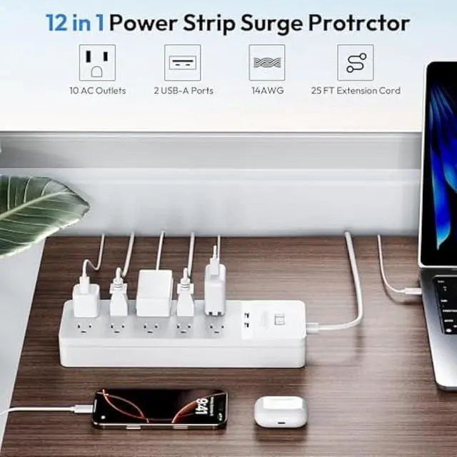 Alt view image 4 of 6 - 25 Ft Extension Cord ETL, NTONPOWER 2100J Surge Protector Power Strip with 10 AC Spaced Outlets 2 USB Ports, 1875W/15A Overload Protection, Wall Mountable for Indoor, Home, Office or Garage, White