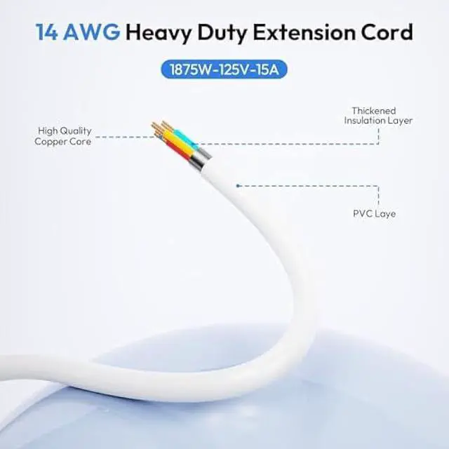 Alt view image 5 of 6 - 25 Ft Extension Cord ETL, NTONPOWER 2100J Surge Protector Power Strip with 10 AC Spaced Outlets 2 USB Ports, 1875W/15A Overload Protection, Wall Mountable for Indoor, Home, Office or Garage, White