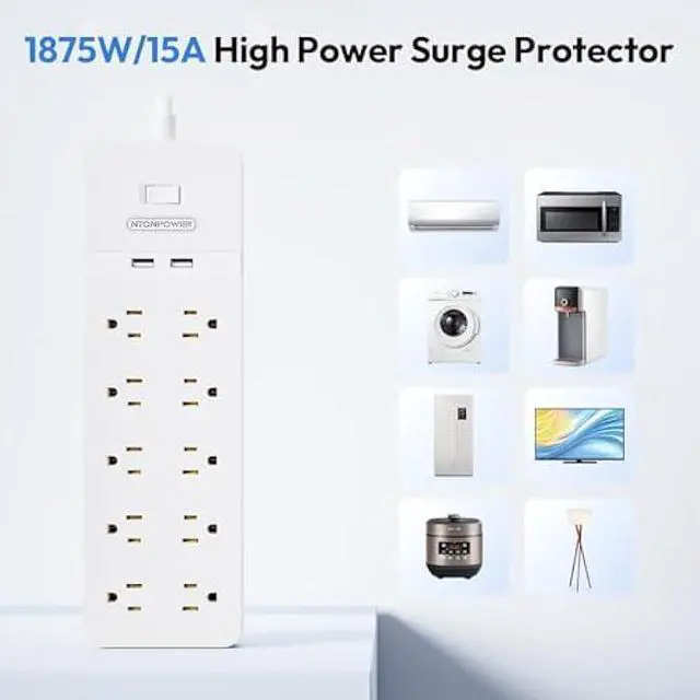 Alt view image 6 of 6 - 25 Ft Extension Cord ETL, NTONPOWER 2100J Surge Protector Power Strip with 10 AC Spaced Outlets 2 USB Ports, 1875W/15A Overload Protection, Wall Mountable for Indoor, Home, Office or Garage, White