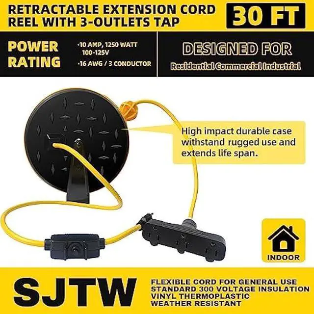 Alt view image 3 of 7 - 30 Ft Retractable Extension Cord Reel with 3 Electrical Power Outlets - 16/3 SJTW Power Cord,10 AMP Circuit Breaker - Ceiling or Wall Mount for Garage,UL Listed,Yellow