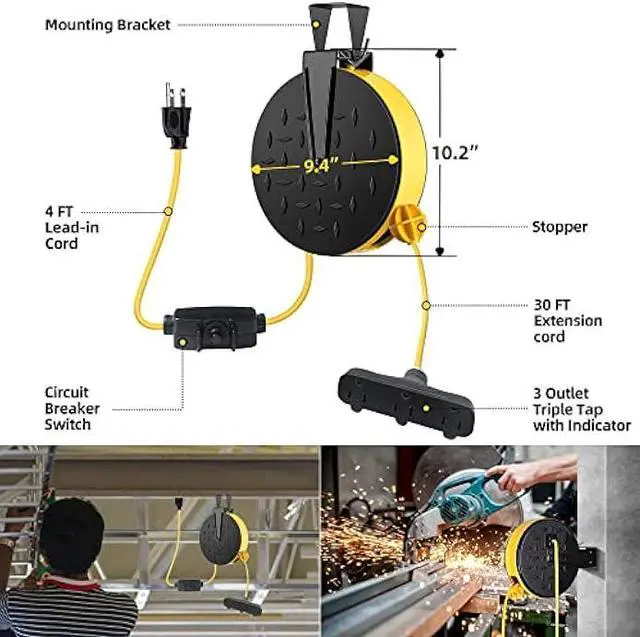 Alt view image 2 of 7 - 30 Ft Retractable Extension Cord Reel with 3 Electrical Power Outlets - 16/3 SJTW Power Cord,10 AMP Circuit Breaker - Ceiling or Wall Mount for Garage,UL Listed,Yellow