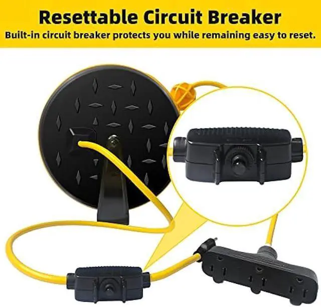 Alt view image 4 of 7 - 30 Ft Retractable Extension Cord Reel with 3 Electrical Power Outlets - 16/3 SJTW Power Cord,10 AMP Circuit Breaker - Ceiling or Wall Mount for Garage,UL Listed,Yellow