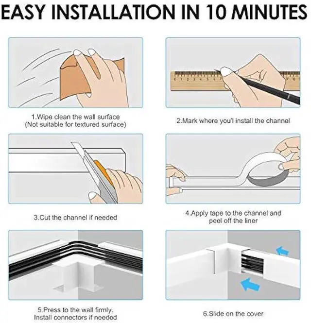 Alt view image 6 of 6 - Yecaye Large Cord Hider for 3-4 Wires, Paintable Cord Cover Wall Cable Management System, PVC Wire Hide, Cable Raceway Kit for Wall Mount TV, W1.18in H0.67in, White