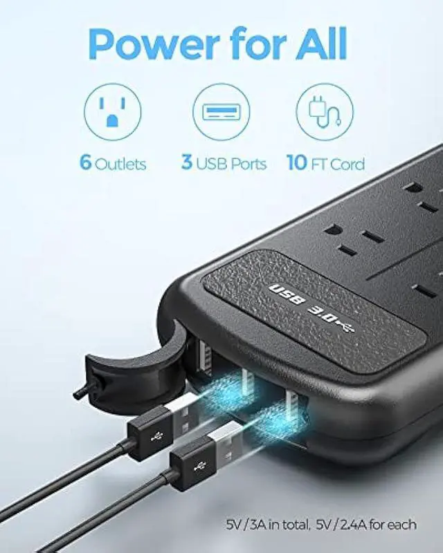 Alt view image 2 of 5 - Surge Protector Power Strip 10ft Long Extension Cord, Indoor Outdoor Waterproof 6 Outlets 3 USB Ports, Wall Mountable, Safe for Desktop Home Office Patio, Dorm Room Essentials, Black