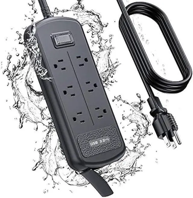 Main image of Surge Protector Power Strip 10ft Long Extension Cord, Indoor Outdoor Waterproof 6 Outlets 3 USB Ports, Wall Mountable, Safe for Desktop Home Office Patio, Dorm Room Essentials, Black