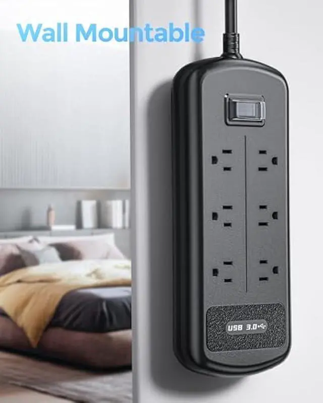 Alt view image 5 of 5 - Surge Protector Power Strip 10ft Long Extension Cord, Indoor Outdoor Waterproof 6 Outlets 3 USB Ports, Wall Mountable, Safe for Desktop Home Office Patio, Dorm Room Essentials, Black