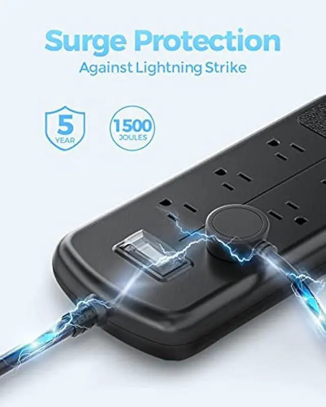 Alt view image 4 of 5 - Surge Protector Power Strip 10ft Long Extension Cord, Indoor Outdoor Waterproof 6 Outlets 3 USB Ports, Wall Mountable, Safe for Desktop Home Office Patio, Dorm Room Essentials, Black