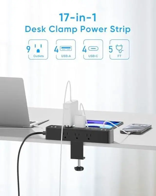 Alt view image 2 of 5 - Flat Plug Desk Clamp Power Strip 5FT, 24W Total Charging Station, Desk Edge Mount Power Strip 9 AC Outlets 8 USB Ports Surge Protector, Fit 1.7 Tabletop Edge, Home Office Accessories