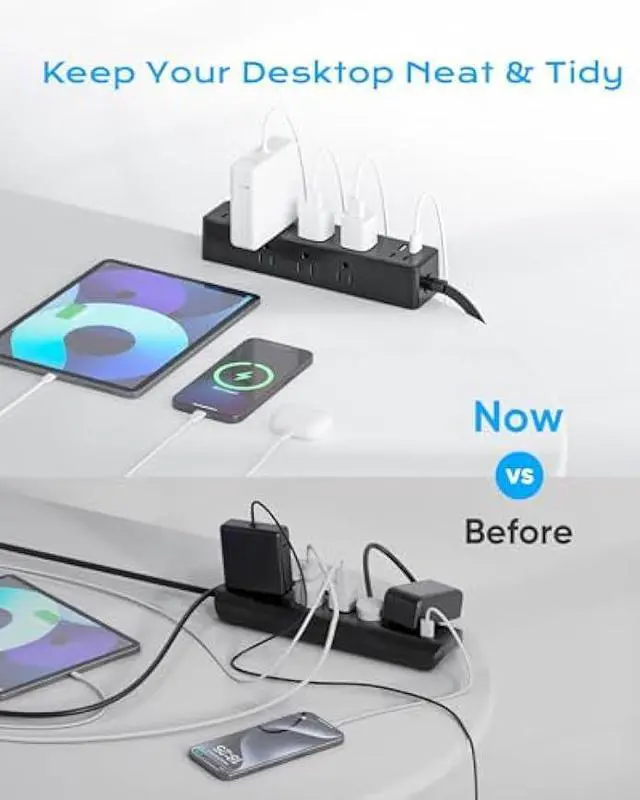Alt view image 3 of 5 - Flat Plug Desk Clamp Power Strip 5FT, 24W Total Charging Station, Desk Edge Mount Power Strip 9 AC Outlets 8 USB Ports Surge Protector, Fit 1.7 Tabletop Edge, Home Office Accessories