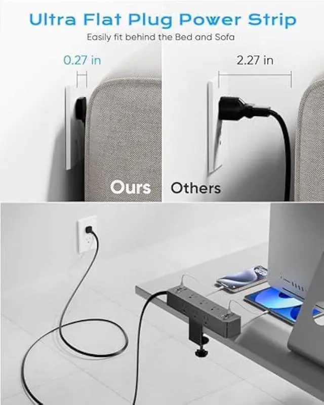 Alt view image 4 of 5 - Flat Plug Desk Clamp Power Strip 5FT, 24W Total Charging Station, Desk Edge Mount Power Strip 9 AC Outlets 8 USB Ports Surge Protector, Fit 1.7 Tabletop Edge, Home Office Accessories