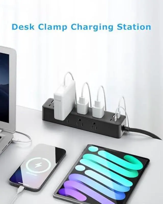 Alt view image 5 of 5 - Flat Plug Desk Clamp Power Strip 5FT, 24W Total Charging Station, Desk Edge Mount Power Strip 9 AC Outlets 8 USB Ports Surge Protector, Fit 1.7 Tabletop Edge, Home Office Accessories