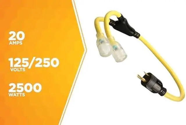 Alt view image 2 of 5 - Coleman Cable 01915 3-Feet Generator Power Cord Adapter; 10/3 Splitter Y Adapter; L5-30P to (2) Lighted 5-20R