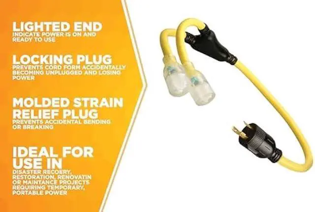 Alt view image 3 of 5 - Coleman Cable 01915 3-Feet Generator Power Cord Adapter; 10/3 Splitter Y Adapter; L5-30P to (2) Lighted 5-20R