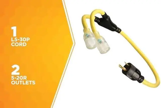 Alt view image 4 of 5 - Coleman Cable 01915 3-Feet Generator Power Cord Adapter; 10/3 Splitter Y Adapter; L5-30P to (2) Lighted 5-20R