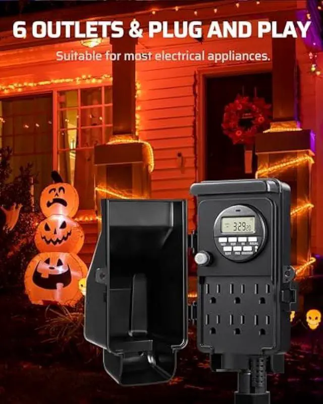 Alt view image 4 of 5 - DEWENWILS Outdoor Digital Power Strip Timer, Outdoor Multi Socket Timer, Waterproof 6 Outlet Garden Power Stake, 6ft Cord, Outdoor Timer for Halloween/Christmas Lights, Yard, Garden, 15A Heavy Duty