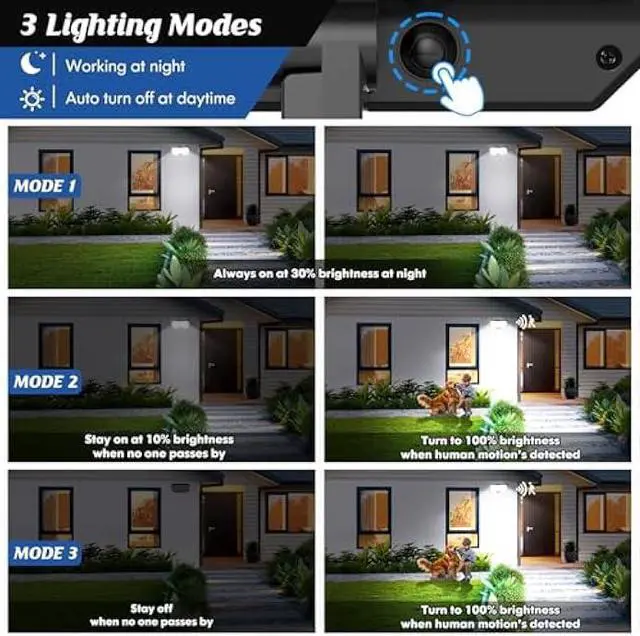 Alt view image 5 of 5 - Solar Outdoor Lights, Motion Sensor Dusk to Dawn Wall Lights Waterproof, LED Outside Solar Powered Security Flood Light Fixtures 3 Modes with 16FT Cable for Front Door Porch Shed Barn Garage, 2 Packs