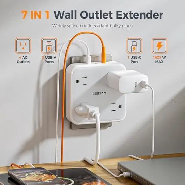 Alt view image 2 of 6 - Multi Plug Outlet Extender, TESSAN Surge Protector Splitter with 3 USB (1 USB C Port) Wall Charger, Multiple Expander for Travel, Home, College Dorm Room
