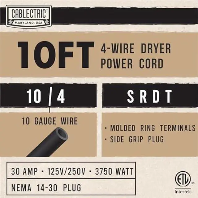 Alt view image 2 of 7 - 10 Foot Dryer Cord - Black 4 Prong Extension Cord, 10/4 SRDT, 30 Amp Dryer Power Cable 4 Prong 10 Ft, NEMA 14-30 Plug, 30 Amp