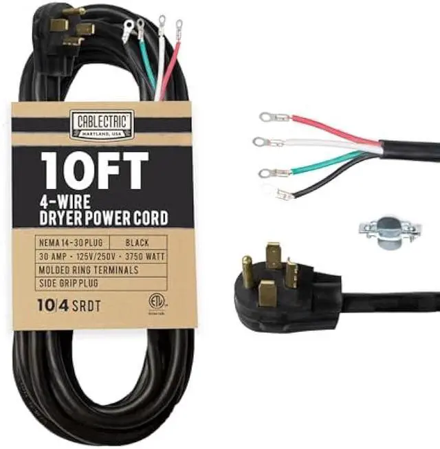 Main image of 10 Foot Dryer Cord - Black 4 Prong Extension Cord, 10/4 SRDT, 30 Amp Dryer Power Cable 4 Prong 10 Ft, NEMA 14-30 Plug, 30 Amp