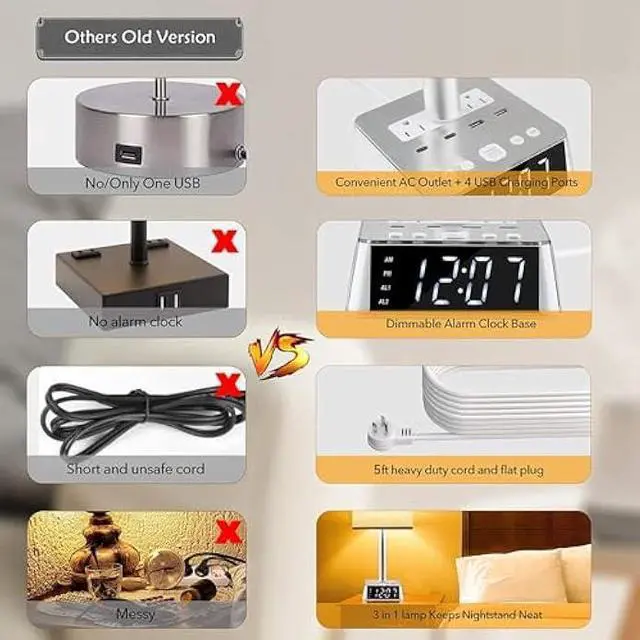 Alt view image 4 of 5 - Yostyle Table Lamp Bedside Lamp with 4 USB Ports and AC Power Outlets, Alarm Clock Base w/ 5Ft Extension Cord, Square Oatmeal Fabric Lampshade Modern Accent Nightstand Lamps for Bedrooms Living Room