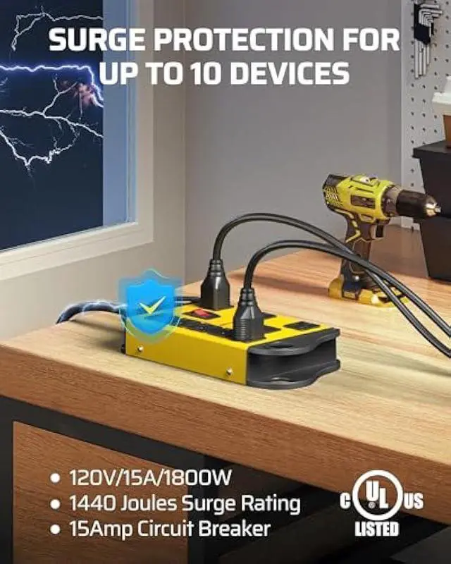 Alt view image 2 of 5 - DEWENWILS 8-Outlet Metal Power Strip Surge Protector with 2 USB Ports, UL Listed, 15 Ft Flat Plug Extension Cord, Heavy Duty Industrial Power Strip,15A Circuit Breaker, 1440Joules, Wall Mount