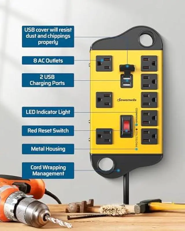 Alt view image 3 of 5 - DEWENWILS 8-Outlet Metal Power Strip Surge Protector with 2 USB Ports, UL Listed, 15 Ft Flat Plug Extension Cord, Heavy Duty Industrial Power Strip,15A Circuit Breaker, 1440Joules, Wall Mount