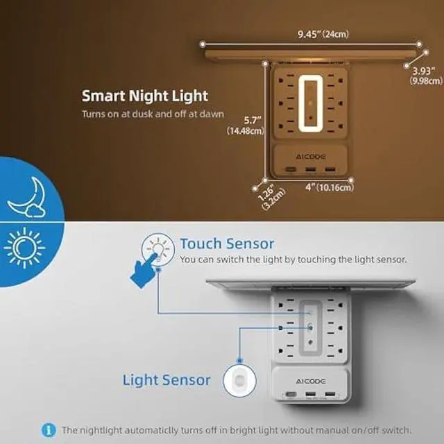 Alt view image 3 of 6 - Socket Outlet Shelf,Wall Outlet Extender Surge Protector with Nightlight,6 Outlets with 3 USB Ports(1 USB C) Plug Expander Charger Shelf with Storage for Home,Dorm