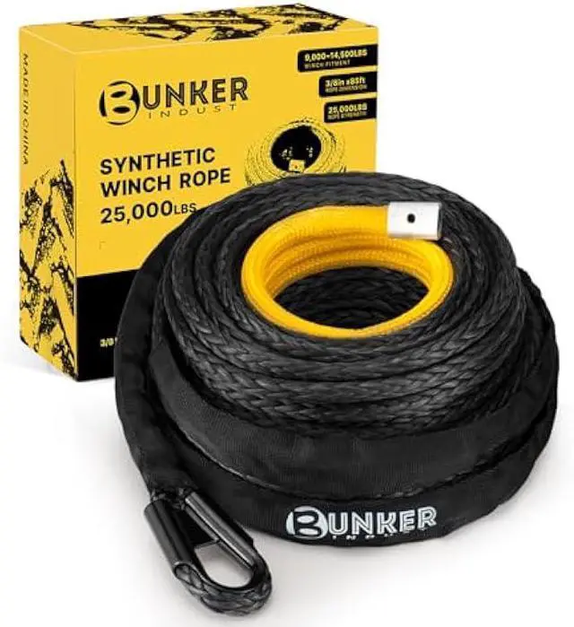 Main image of BUNKER INDUST Synthetic Winch Rope 3/8 x 85', 25000 Ibs Winch Cable Replacement with Protective Sleeve for Recovery Off Road ATV UTV SUV Truck,1 Pcs Black Winch Line