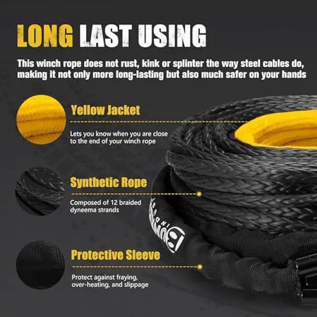 Alt view image 2 of 6 - BUNKER INDUST Synthetic Winch Rope 3/8 x 85', 25000 Ibs Winch Cable Replacement with Protective Sleeve for Recovery Off Road ATV UTV SUV Truck,1 Pcs Black Winch Line