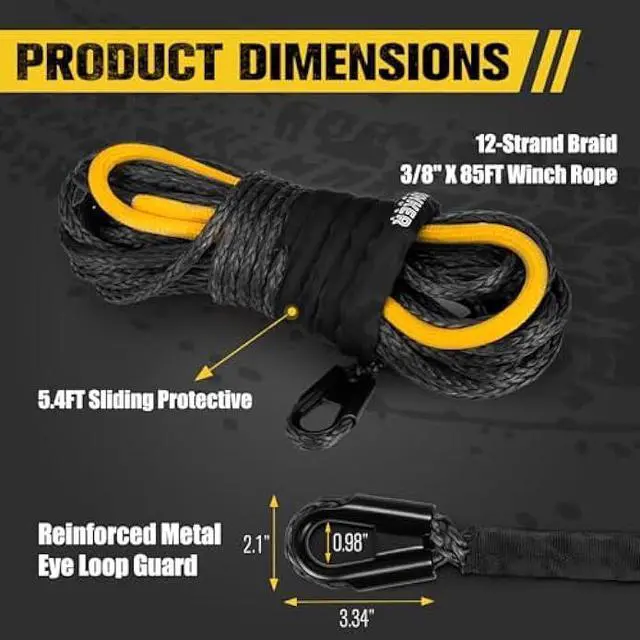 Alt view image 6 of 6 - BUNKER INDUST Synthetic Winch Rope 3/8 x 85', 25000 Ibs Winch Cable Replacement with Protective Sleeve for Recovery Off Road ATV UTV SUV Truck,1 Pcs Black Winch Line