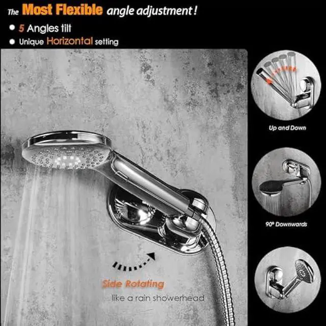 Alt view image 5 of 6 - Suction cup Handheld Shower Head Holder - Relocatable - 5 Angles Adjustable - Horizontal Setting - Large Shower Head Supports - Wider Input - Wall mounted with Vacuum Power (Polished Chrome)