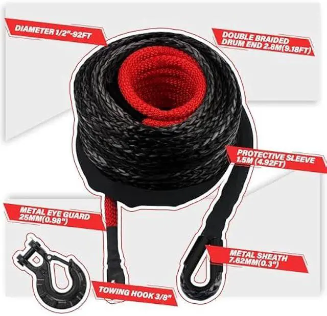 Alt view image 3 of 5 - TYT Synthetic Winch Rope Kit - 1/2 x 92' with 32000 lbs Strength, Protective Sleeve, Heavy Duty Hook and Safety Pull Strap for Off-Road 4x4 Vehicles, Trucks (Black)