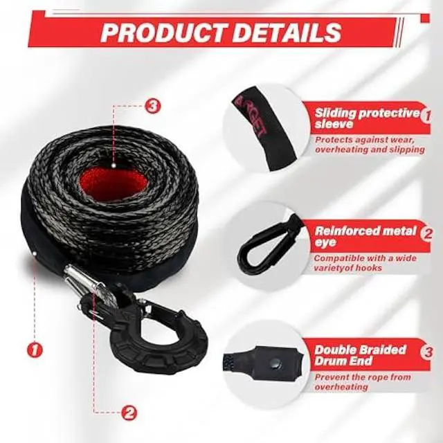 Alt view image 4 of 5 - TYT Synthetic Winch Rope Kit - 1/2 x 92' with 32000 lbs Strength, Protective Sleeve, Heavy Duty Hook and Safety Pull Strap for Off-Road 4x4 Vehicles, Trucks (Black)