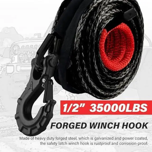 Alt view image 5 of 5 - TYT Synthetic Winch Rope Kit - 1/2 x 92' with 32000 lbs Strength, Protective Sleeve, Heavy Duty Hook and Safety Pull Strap for Off-Road 4x4 Vehicles, Trucks (Black)