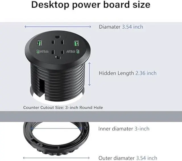 Alt view image 4 of 5 - Desktop Power Grommet 3-inch Hole,40W Total Fast Charging Station, 2 PD 20W USB C Port,Flush-Mount Recessed Power Strip, 2 AC Outlets,4 USB Ports,in to The Top of Your Desk,6ft Cord