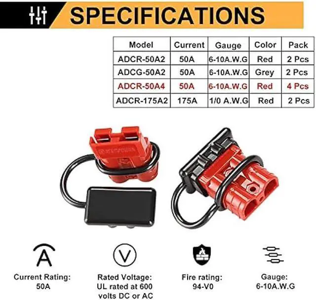 Alt view image 4 of 7 - BUNKER INDUST 50A 6-10 Gauge Battery Quick Connect Disconnect Wire Harness Plug Kit 4 Pcs Battery Cable Quick Connect Disconnect Plug for Winch Auto Car Trailer Driver Electrical Devices,Red