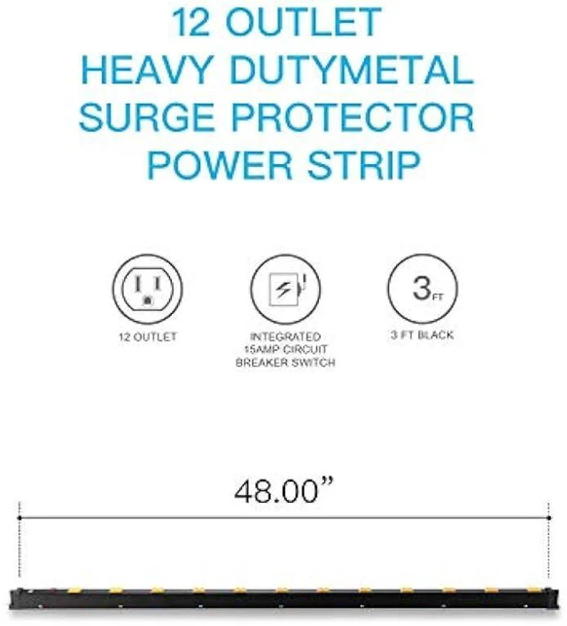 Alt view image 2 of 6 - KMC 12 Outlet Heavy Duty Workshop Metal Power Strip with 3-Foot Long Extension Cord with Circuit Breaker, for Workshop and Industrial use, ETL Certified,Black