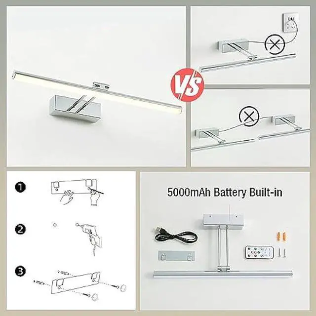 Alt view image 4 of 6 - Battery Picture Light, 16 inch Wireless Picture Light for Painting with Remote,Full Metal Rechargeable Art Light,Wall Sconce Display Lighting for Portrait, Photo Frame,Gallery, (Chrome)
