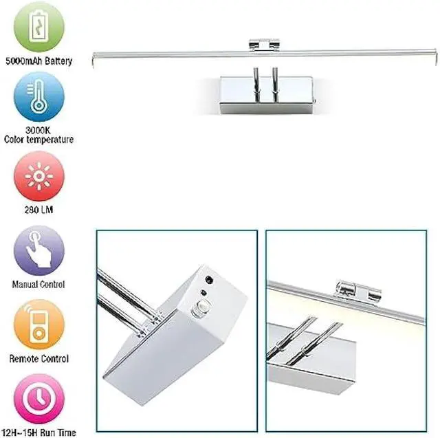 Alt view image 3 of 6 - Battery Picture Light, 16 inch Wireless Picture Light for Painting with Remote,Full Metal Rechargeable Art Light,Wall Sconce Display Lighting for Portrait, Photo Frame,Gallery, (Chrome)