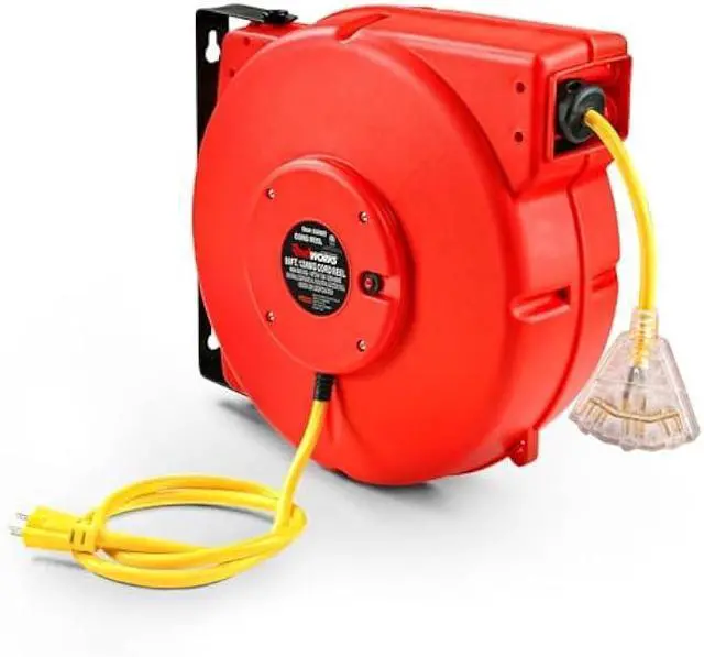 Main image of ReelWorks Extension Cord Reel Retractable Longest Industrial 12awg x 80' Foot Commercial Premium Grade Ultra Flexible 3C/SJTOW Glow Strip Cable and Led Light Up Triple Tap Connector Use Indoor/Outdoor