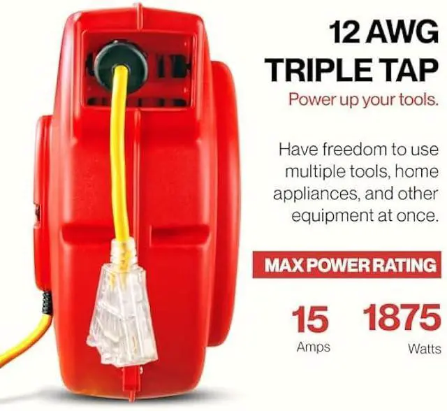 Alt view image 2 of 4 - ReelWorks Extension Cord Reel Retractable Longest Industrial 12awg x 80' Foot Commercial Premium Grade Ultra Flexible 3C/SJTOW Glow Strip Cable and Led Light Up Triple Tap Connector Use Indoor/Outdoor