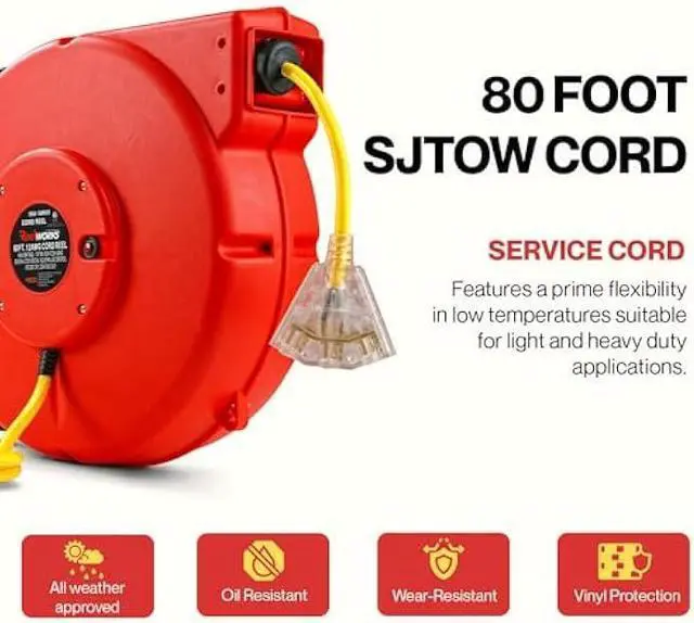 Alt view image 3 of 4 - ReelWorks Extension Cord Reel Retractable Longest Industrial 12awg x 80' Foot Commercial Premium Grade Ultra Flexible 3C/SJTOW Glow Strip Cable and Led Light Up Triple Tap Connector Use Indoor/Outdoor