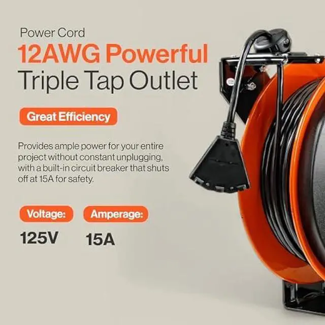 Alt view image 2 of 5 - SuperHandy Extension Cord Reel Retractable 12AWG x 80' Foot 3C SJTOW Cable Triple Tap Connector Power Rating 125 Volt AC 15 Amp 1875 Watt Industrial Steel Single Arm