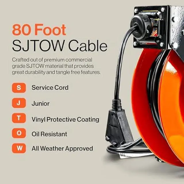 Alt view image 3 of 5 - SuperHandy Extension Cord Reel Retractable 12AWG x 80' Foot 3C SJTOW Cable Triple Tap Connector Power Rating 125 Volt AC 15 Amp 1875 Watt Industrial Steel Single Arm
